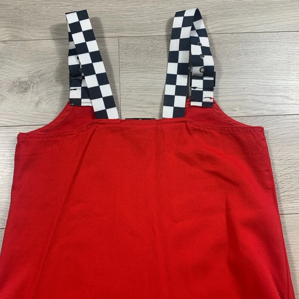Lazy Oaf Checkered Buckle-Strap Pinafore Red Mini Dress - Picture 8 of 15